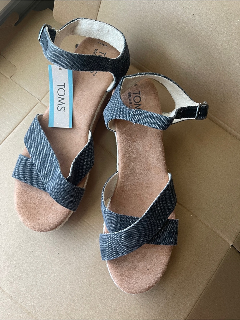 Toms Black Denim Platform Wedge Candice Sandal Braided Canvas NWT size 9.